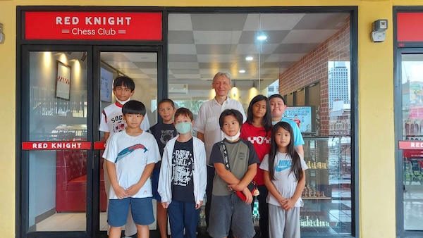 Group with Grandmaster Vladimir Lazarev and Riste at Red Knight Chess Club for a simul event.